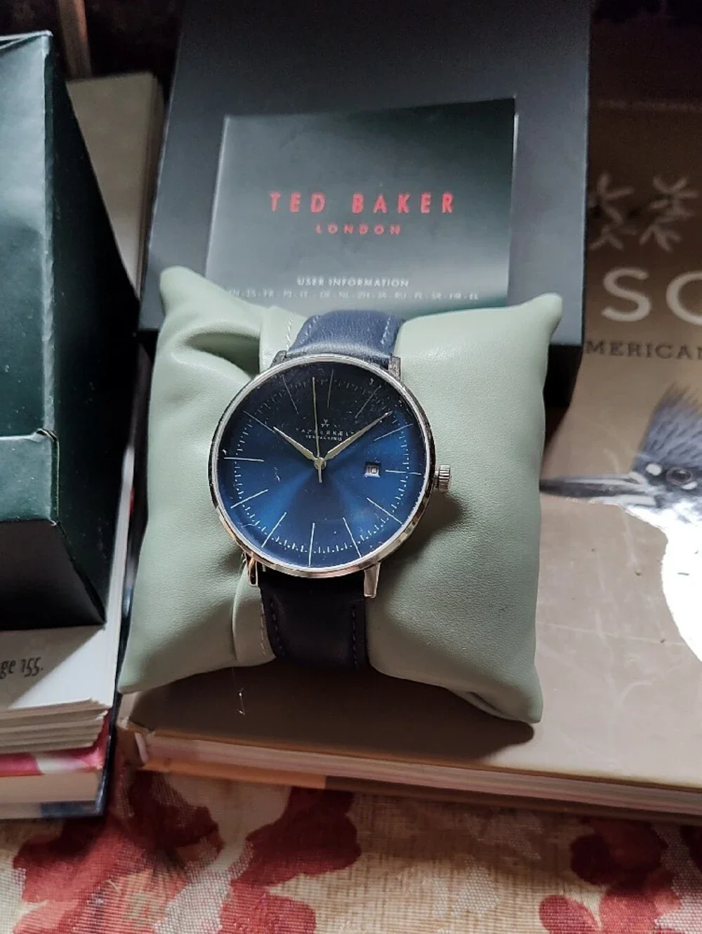 Ted Baker London Navy Blue Dial Silver-Tone Watch with Blue Leather Strap